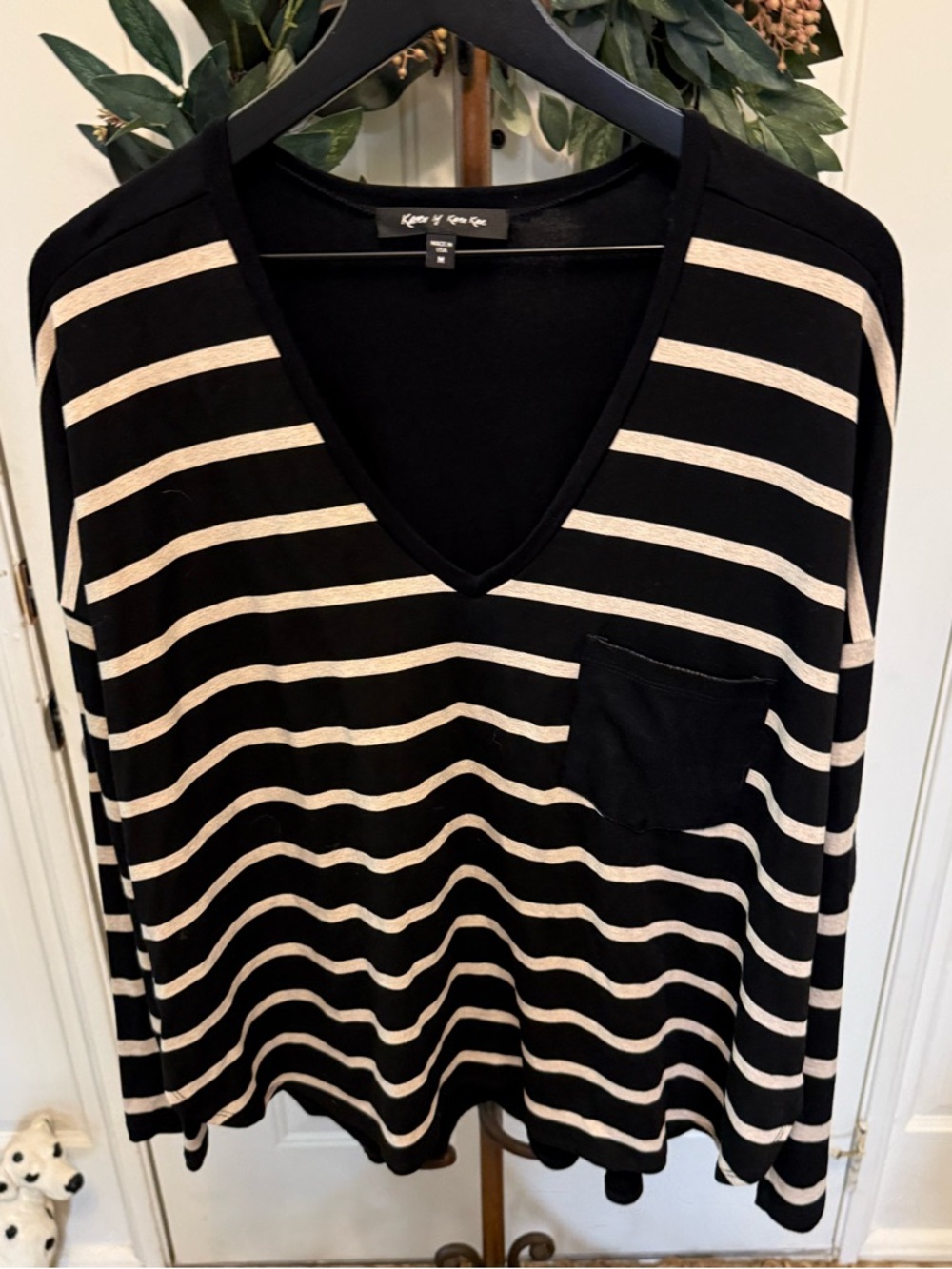 NWOT Karen by Karen Kane Edgy Stripe Top with Faux Leather Pocket LS M Oversized